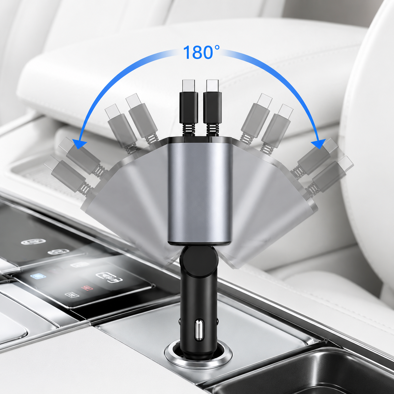 A 3-in-1 USB-C car charger plugged into a center console port, shown with a blue 180-degree rotation indicating its flexible charging angle. The charger has a silver metallic top and a black base, with three black USB-C cables extending out.
