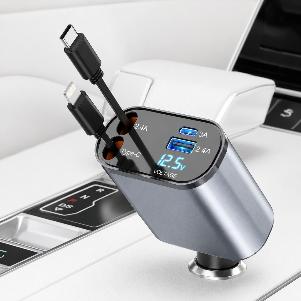 4-in-1 Fast Car Charger 120W | Retractable, Charge 4 Devices at Once – Keelu