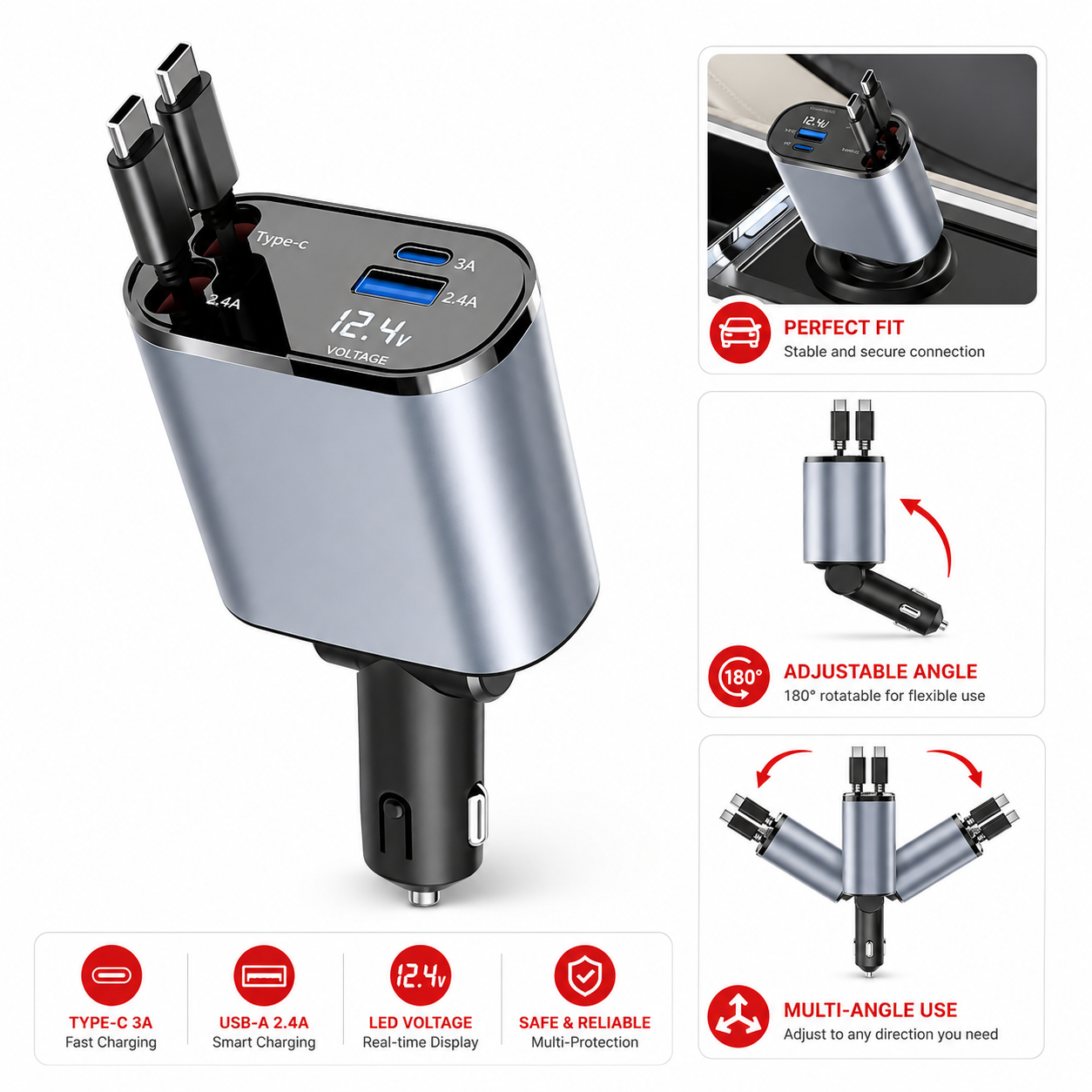 4-in-1 Fast Car Charger 120W | Retractable, Charge 4 Devices at Once – Keelu