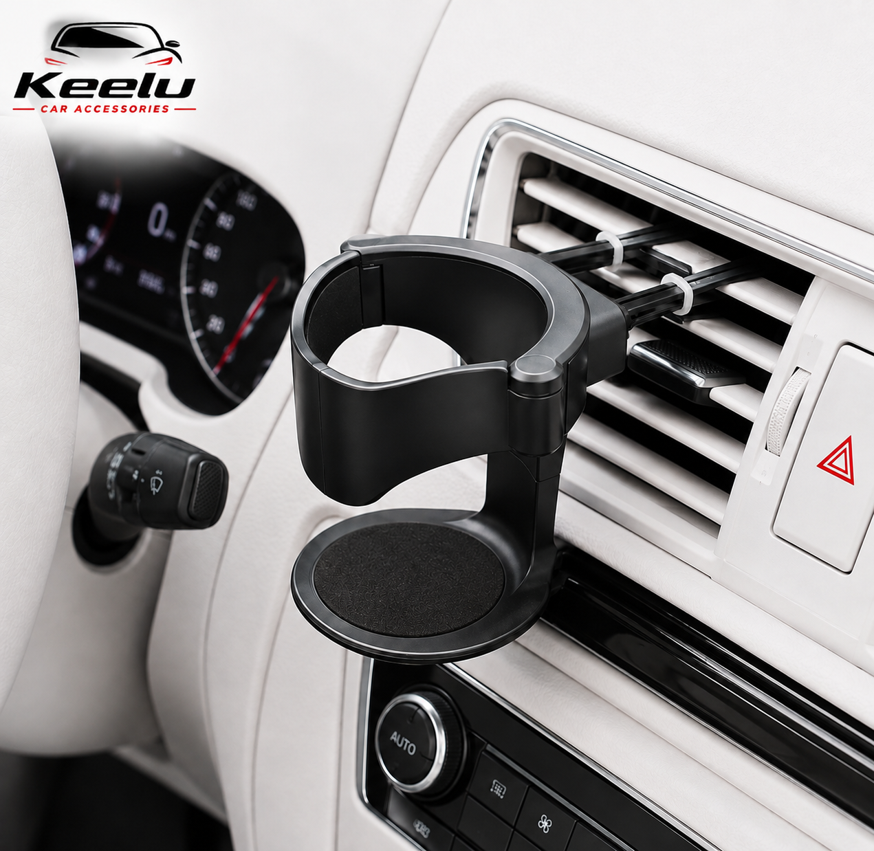 A black car cup holder mount clipped onto a white vehicle air vent, shown installed in a car interior.