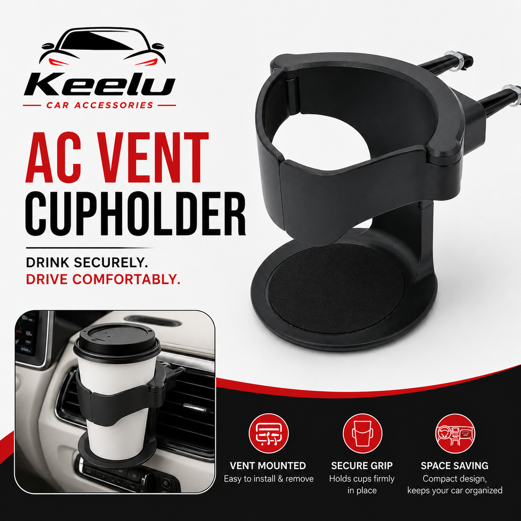 Keelu AC VENT Cup Holder in black, designed for car air vents. The image features a clean product shot of the cup holder on the right, a lifestyle inset on the bottom-left showing it installed on a dashboard with a coffee cup on the left and bottom.