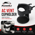 Keelu AC VENT Cup Holder in black, designed for car air vents. The image features a clean product shot of the cup holder on the right, a lifestyle inset on the bottom-left showing it installed on a dashboard with a coffee cup on the left and bottom.