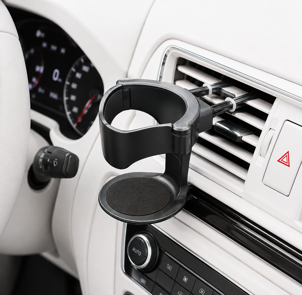 A black car cup holder mount clipped onto the dashboard air vent, shown installed in a white car interior.