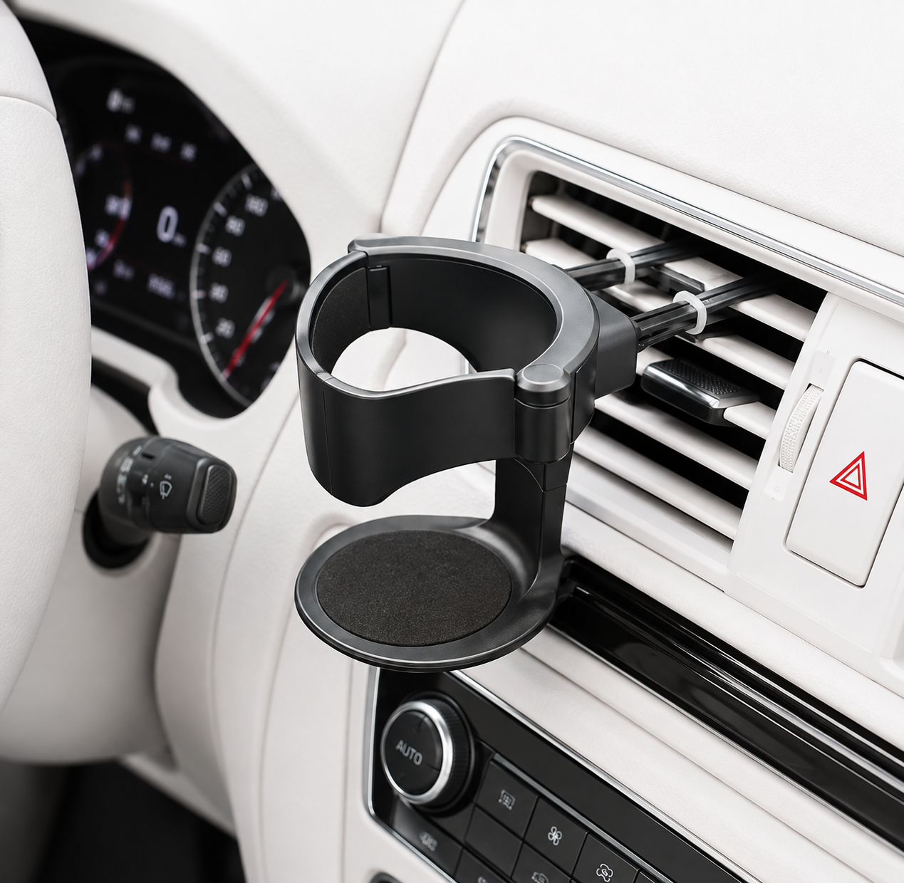 A black car cup holder mount clipped onto the dashboard air vent, shown installed in a white car interior.