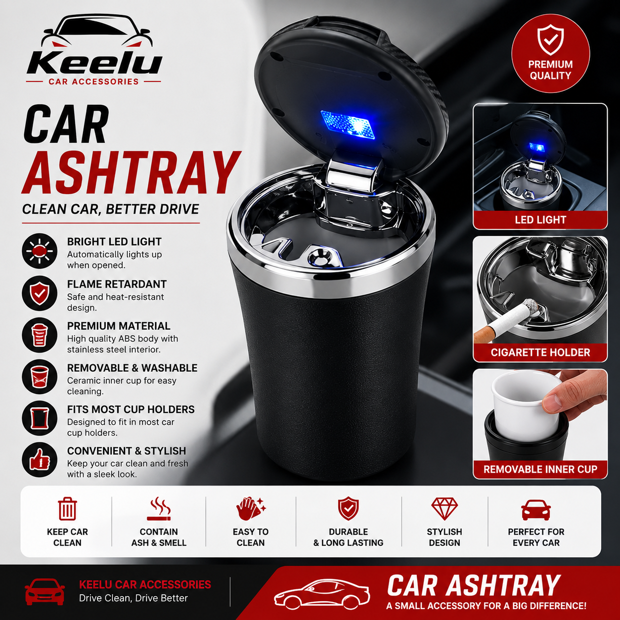Smokeless Car Ashtray with LED Light | Cup Holder Fit – Keelu