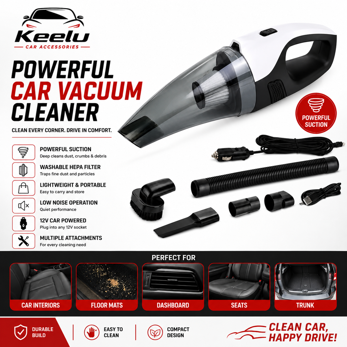 Portable Car Vacuum Cleaner 12V | Powerful Suction with HEPA Filter