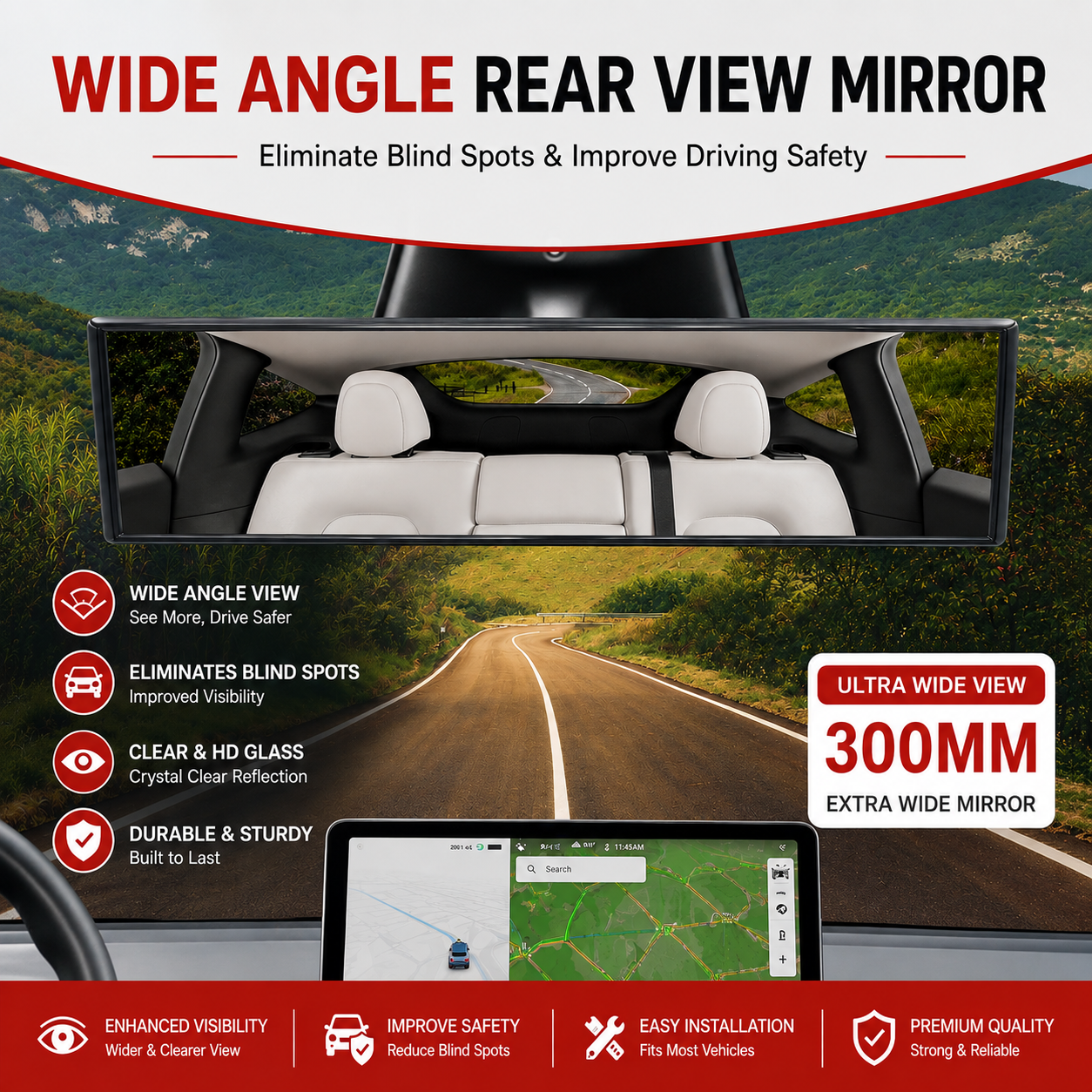 Wide angle rear view mirror for cars, shown mounted inside a vehicle with a road scene visible through the glass. The features includes such as wide angle view, elimination of blind spots, clear HD glass, and durability.