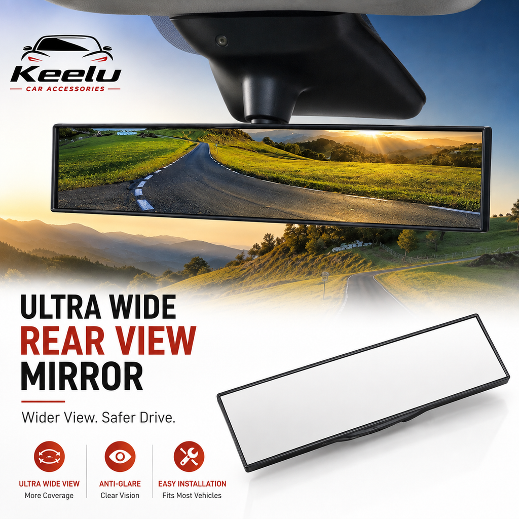 Keelu ultra wide rear view mirror shown in a composite promotional graphic with a car rearview mount at the top, the mirror reflection of a winding road in a grassy landscape.