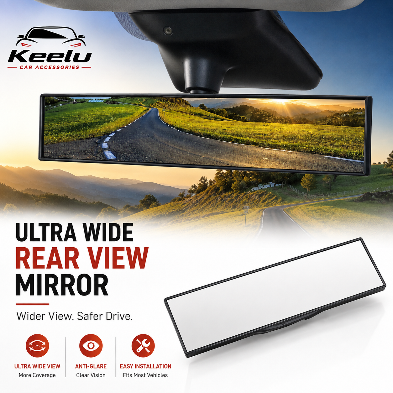 Keelu ultra wide rear view mirror shown in a composite promotional graphic with a car rearview mount at the top, the mirror reflection of a winding road in a grassy landscape.