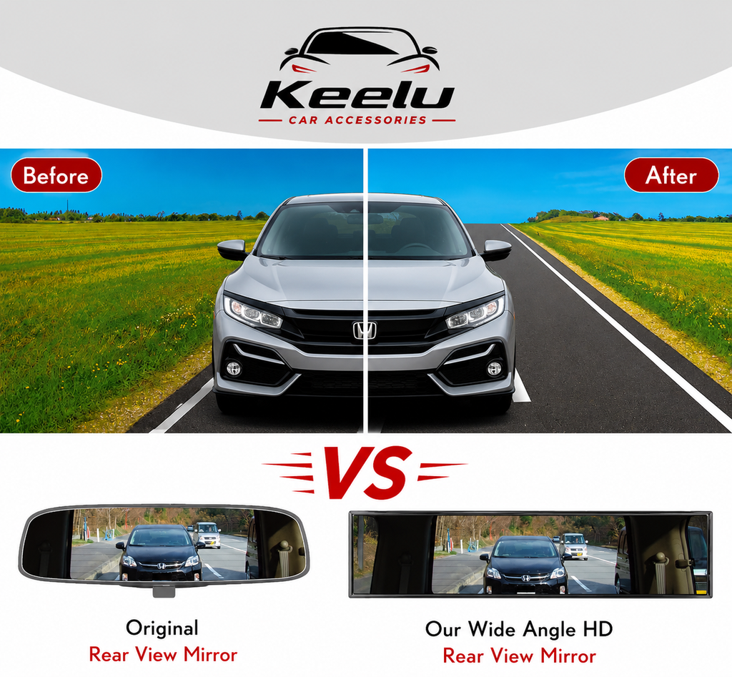 Before and after comparison graphic for a Keelu car rear view mirror, showing a silver Honda car on a road with the original narrow mirror view on the left and a wider wide-angle HD mirror view on the right.