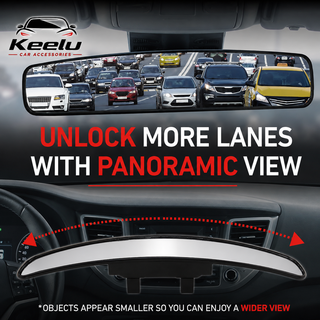 Keelu car accessories panoramic rearview mirror installed in a car dashboard, showing an expanded view of traffic behind with.
