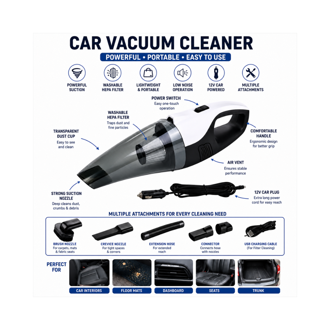 Portable Car Vacuum Cleaner 12V | Powerful Suction with HEPA Filter